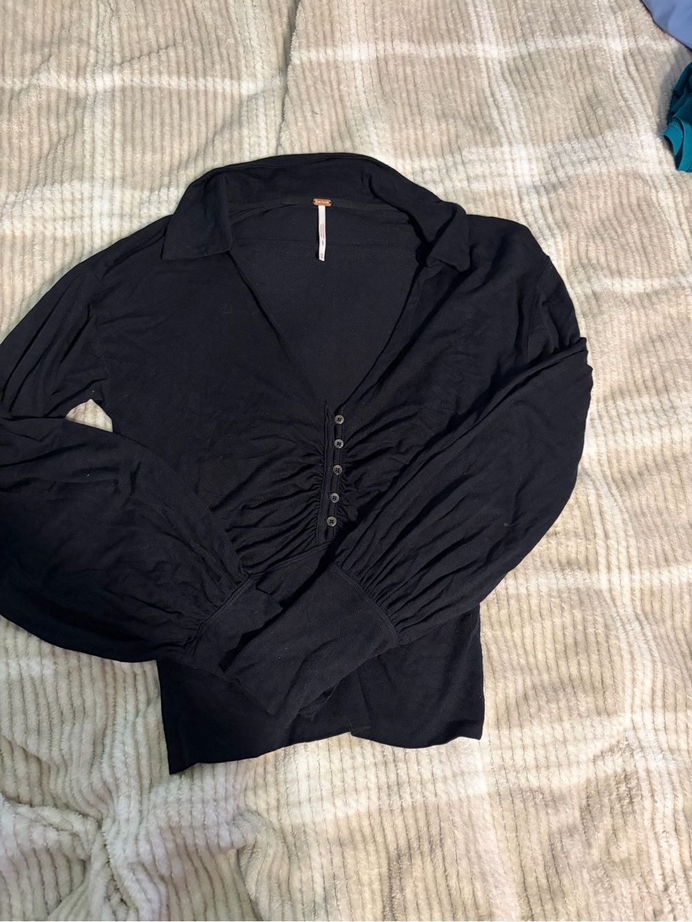 Free People Black Button-Front Ruched Waist Collared Top
